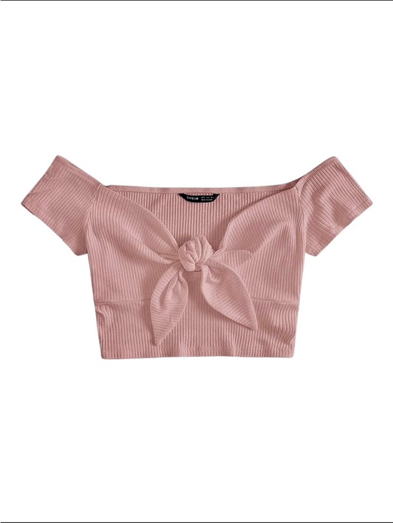 SHEIN Tops - SHEIN Rose Pink Off-Shoulder Tie-Front Ribbed Crop Top